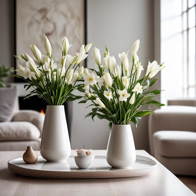 a table with vases that say  tulip  on it