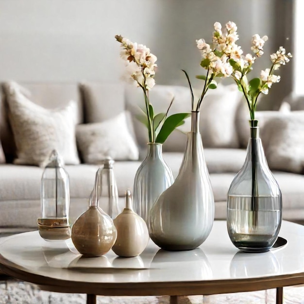 a table with vases and vases on it and a vase with flowers in it