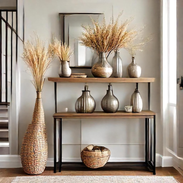 a table with vases and vases on it and a vase with grass in it