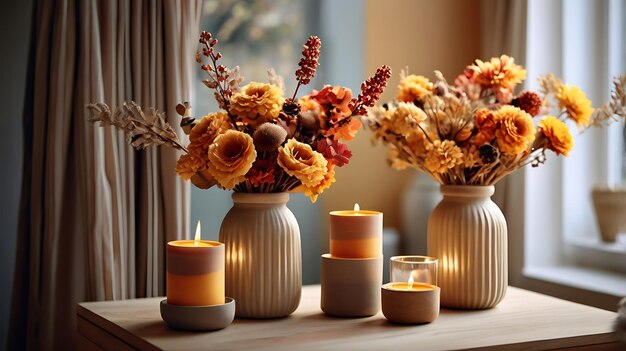 a table with vases with flowers and candles on it