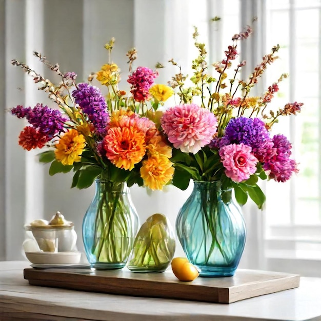 a table with vases with flowers and a lemon on it