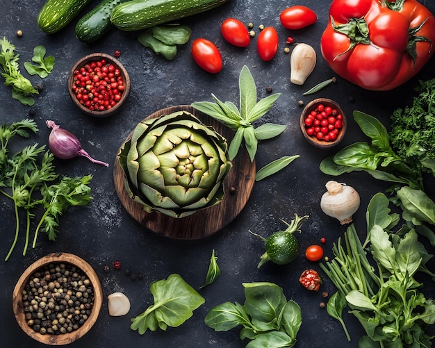 a table with vegetables including avocado tomatoes and other vegetables