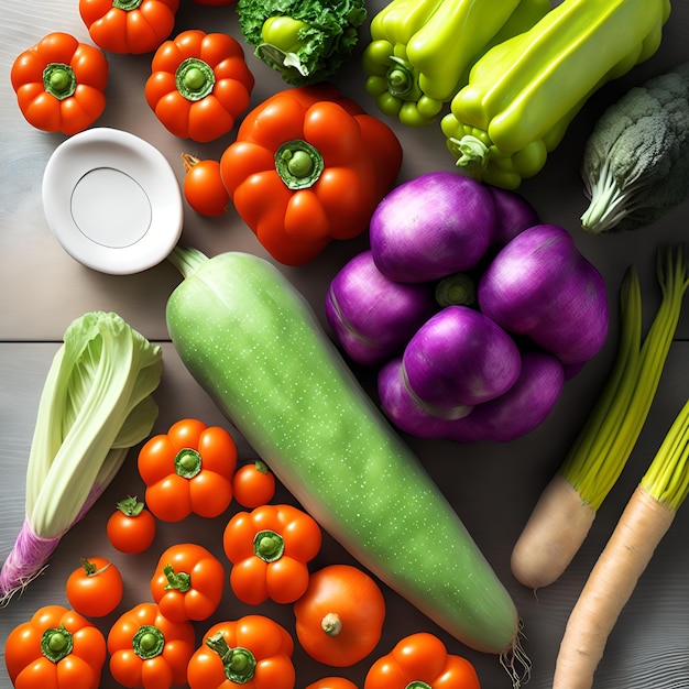 A table with vegetables including a red bell pepper a red bell pepper and a white bowl of broccoli