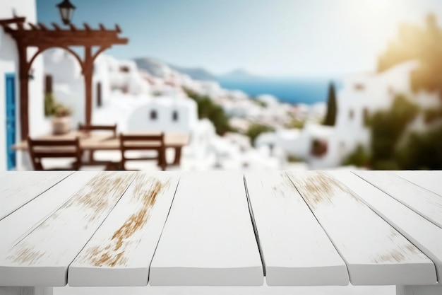 A table with a view of a greek island in the background