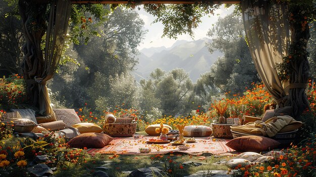 Photo a table with a view of a mountain and a forest with a tablecloth and a table with bowls and bowls and cups