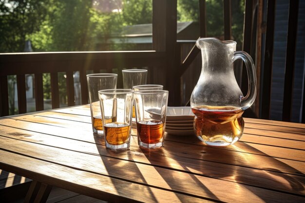 Table with water pitcher and glasses on a sunlit deck created with generative ai