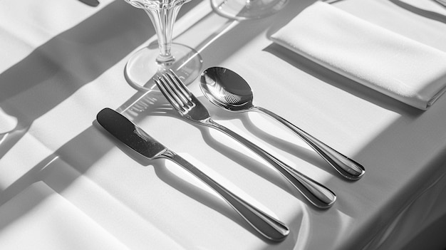 a table with a white cloth with silverware and a wine glass on it