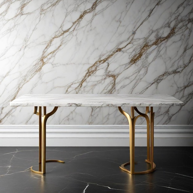 a table with a white table and gold legs