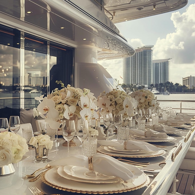 a table with a white tablecloth and flowers on it