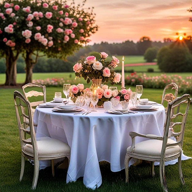 a table with a white tablecloth and a tablecloth with pink roses on it