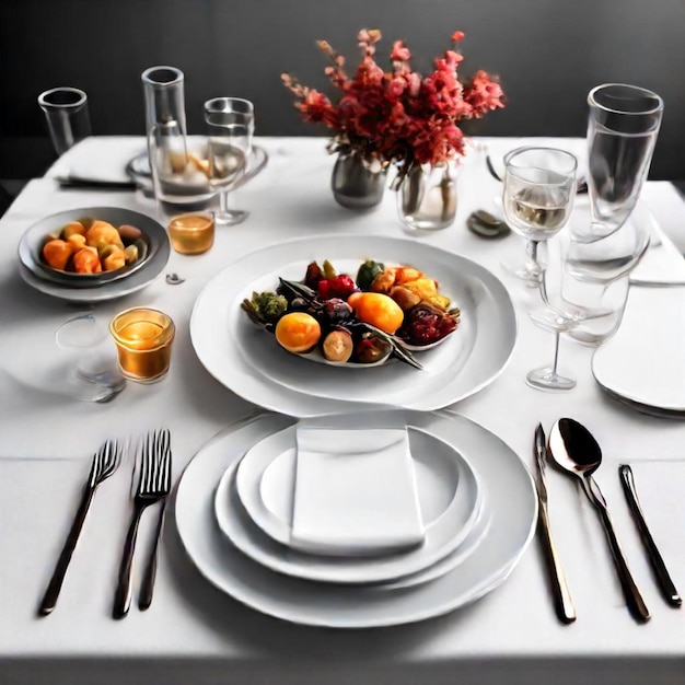 Photo a table with a white tablecloth with fruit and glasses on it