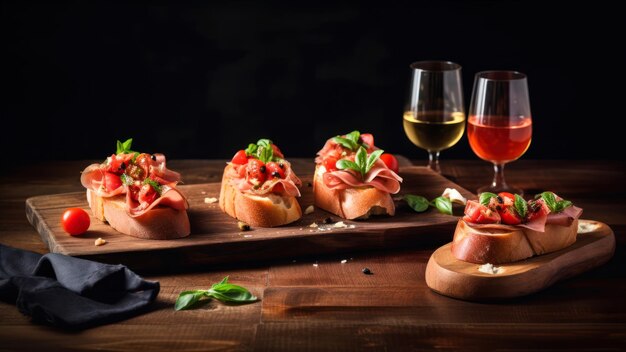 A table with wine and breads with meat and cheese