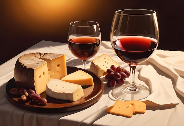 a table with wine cheese and wine glasses on it