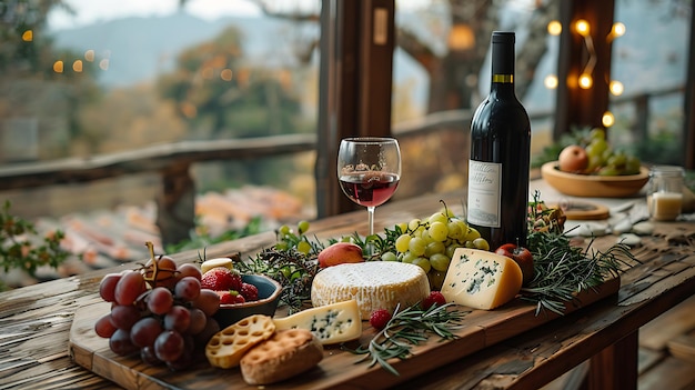 a table with a wine glass and cheese