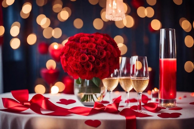 a table with wine glasses and a bunch of roses on it