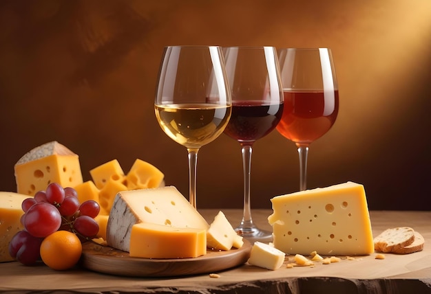 a table with wine glasses cheese and wine glasses