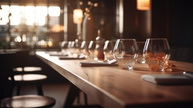 A table with wine glasses on it and a bar in the background