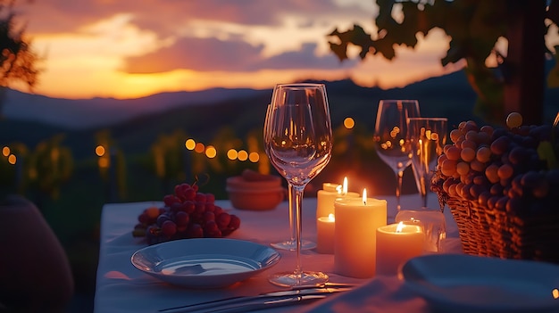 a table with wine glasses and a plate of raspberries on it