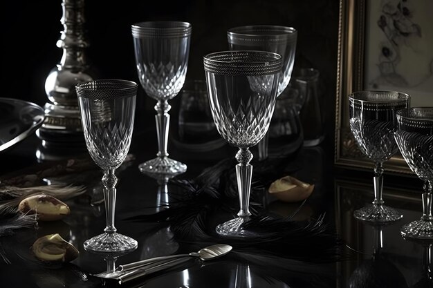 A table with wine glasses and a silver fork on it.