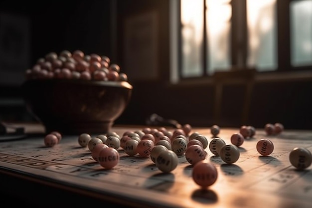 A table with a wooden chess set with the numbers on it and the number 20 on it.