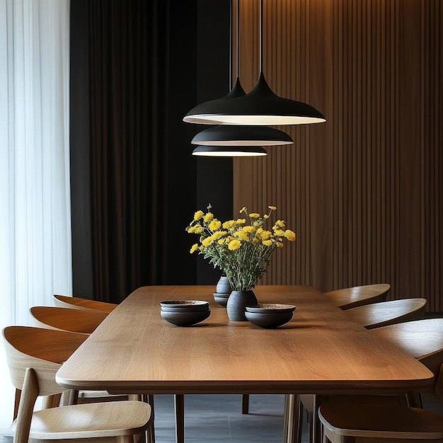 a table with yellow flowers and a lamp hanging from the ceiling