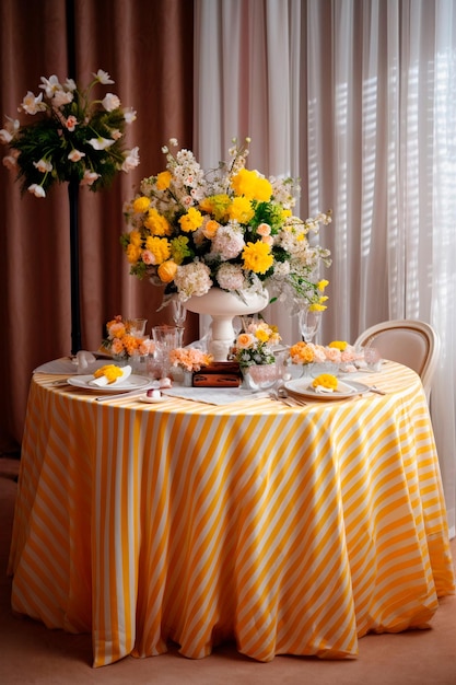 A table with a yellow striped tablecloth with a vase of flowers on it