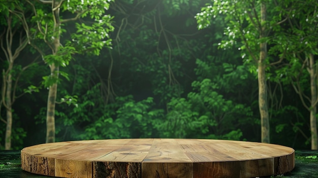 a table in the woods with a tree in the background