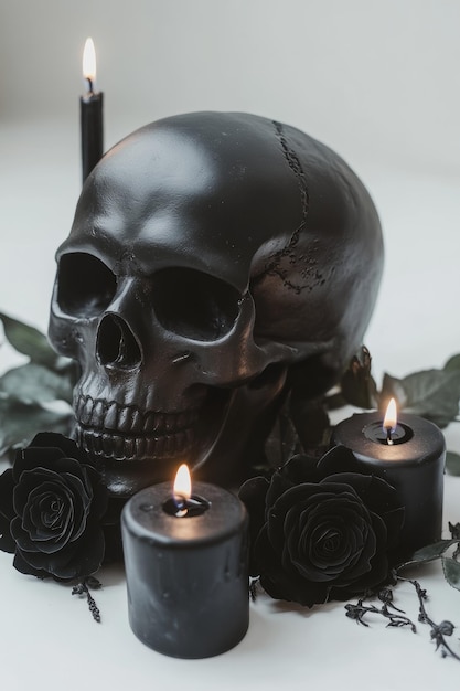 Photo tablecloth with white linen and human skull with black roses