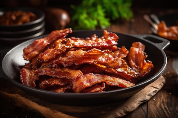 Tabled crispy bacon strips fried in a pan