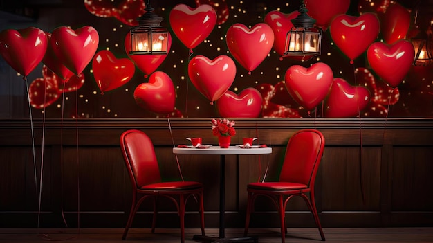 The tables in the cafe are decorated with red balloons in the shape of a heart for Valentines Day AI generated