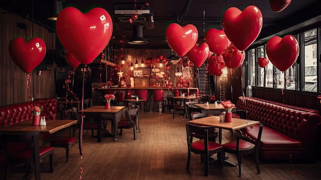 The tables in the cafe are decorated with red balloons in the shape of a heart for Valentines Day AI generated