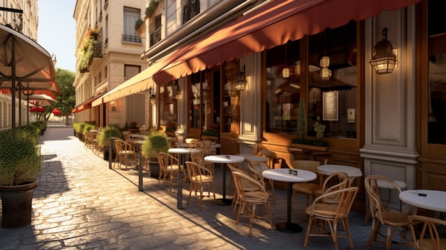 Tables and chairs are lined up along a sidewalk in a city generative ai