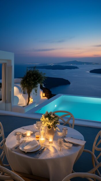 tables and chairs set up for dinner with a view of the ocean generative ai