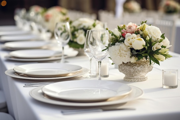 Tables set with white plates and flowers for an event party or wedding reception