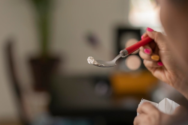 A tablespoon of yeast for making bread with copy space