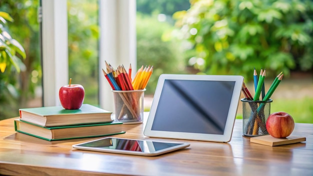 Photo a tablet and a book on a table with a red apple