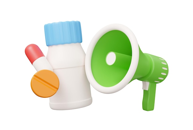 Tablet bottle megaphone 3d render illustration in minimal cartoon style isolated on white background