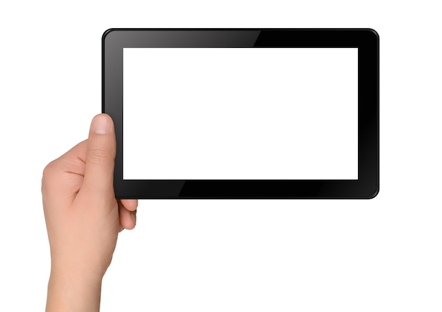 Tablet computer with hands isolated on white background