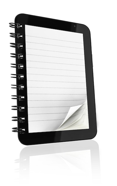 Tablet computer with notebook pages on white background