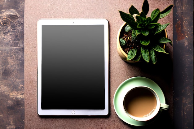 Photo a tablet next to a cup of coffee and a plant