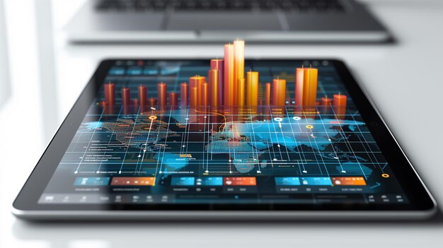 Tablet Displaying 3D Bar Graph With World Map