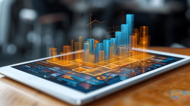 Tablet Displaying a 3D Cityscape Graph