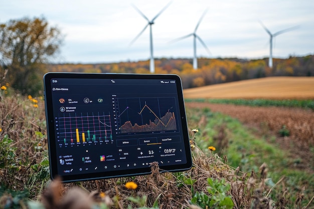 Photo a tablet displaying data graphs sits in a field with wind turbines in the background