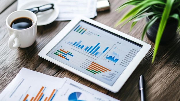 Photo a tablet displaying multiple financial charts and graphs surrounded by paperwork and a coffee cup on a wooden desk representing financial analysis