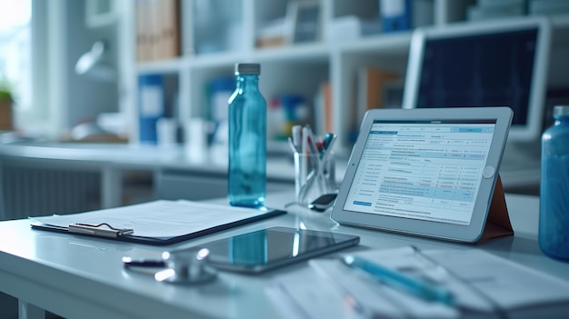 Tablet displaying patient information on a clinic desk with medical instruments and a bottle