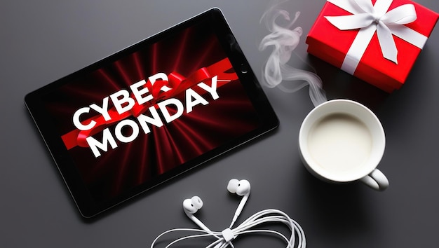 A tablet displaying quotCyber Mondayquot on a gray background with a cup of coffee a gift box and earphones