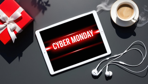 Photo a tablet displaying quotcyber mondayquot on the screen with a cup of coffee and a gift box on a grey surface