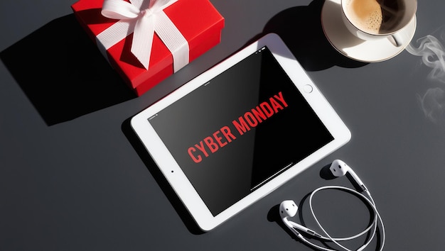 Photo a tablet displaying quotcyber mondayquot with a gift box a cup of coffee and headphones on a grey surface