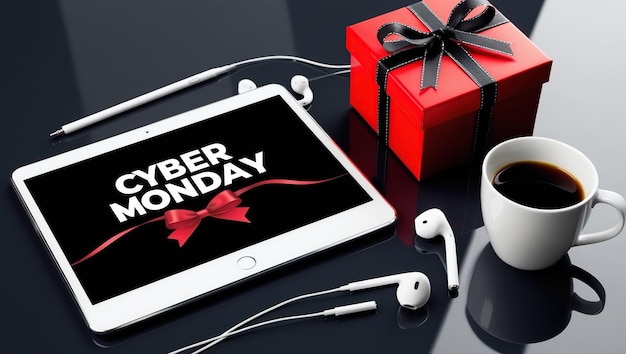 A tablet displaying quotCyber Mondayquot with a red ribbon bow next to a red gift box with a black ribbon white headphones and a cup of coffee