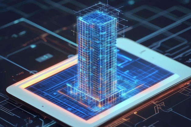 Photo tablet displaying skyscraper blueprint with 3d grid visualization and digital rendering features